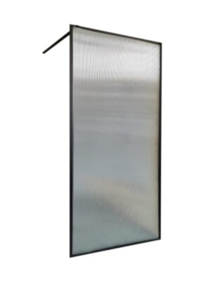 Reflective shower screen with black frame and sliding door, modern bathroom glass partition for shower enclosure. Suitable for stylish, functional bathroom renovation or upgrades.