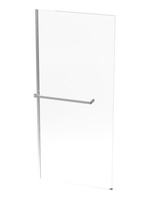 Glass shower door with chrome handle and towel rail for modern bathrooms.