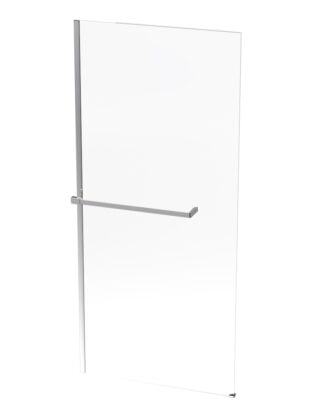 Glass shower door with chrome handle and towel rail for modern bathrooms.