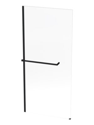 Slimline black towel rail attached to a modern frameless glass shower screen for contemporary bathroom decor.