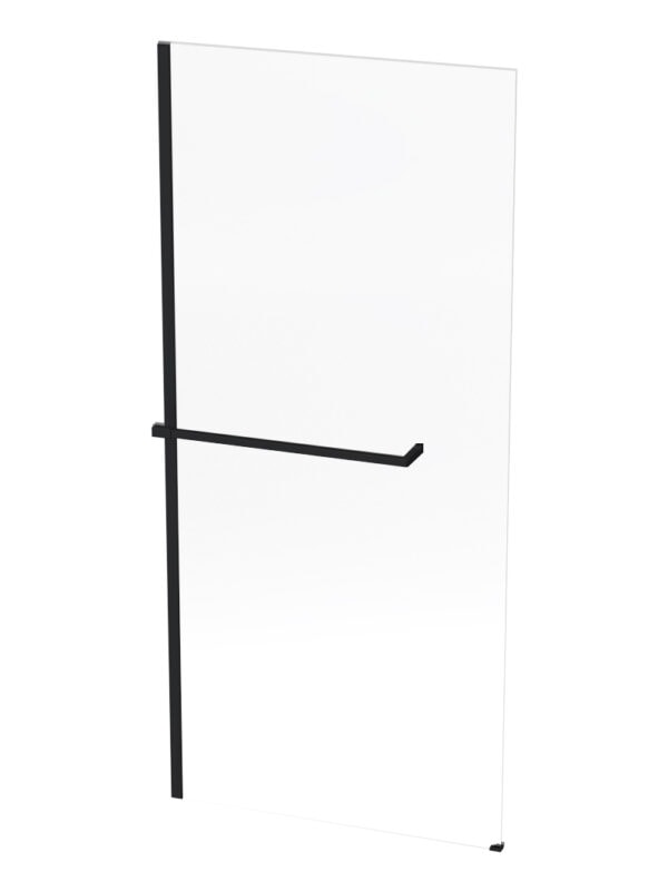 Slimline black towel rail attached to a modern frameless glass shower screen for contemporary bathroom decor.