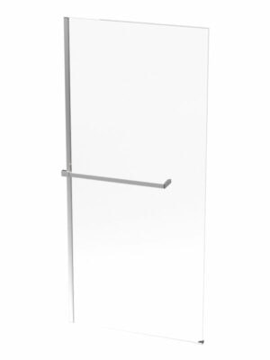 Sliding glass shower door with a metal handle and minimalistic design for modern bathrooms. Perfect for shower enclosures, durable and easy to clean.