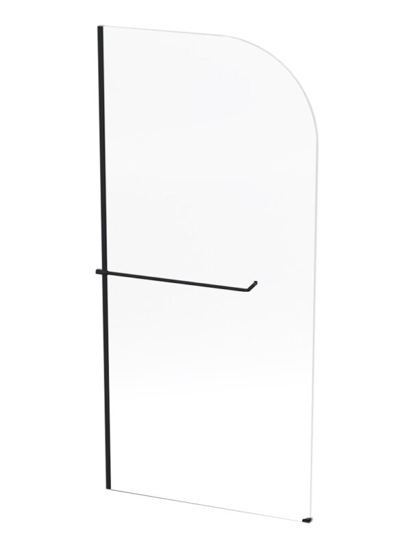 Slim frameless bathroom shower screen with black support bar for modern minimalist bathroom designs. Perfect for enhancing shower areas with sleek aesthetics.