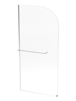 Clear glass shower door with stainless steel handle for modern bathrooms.
