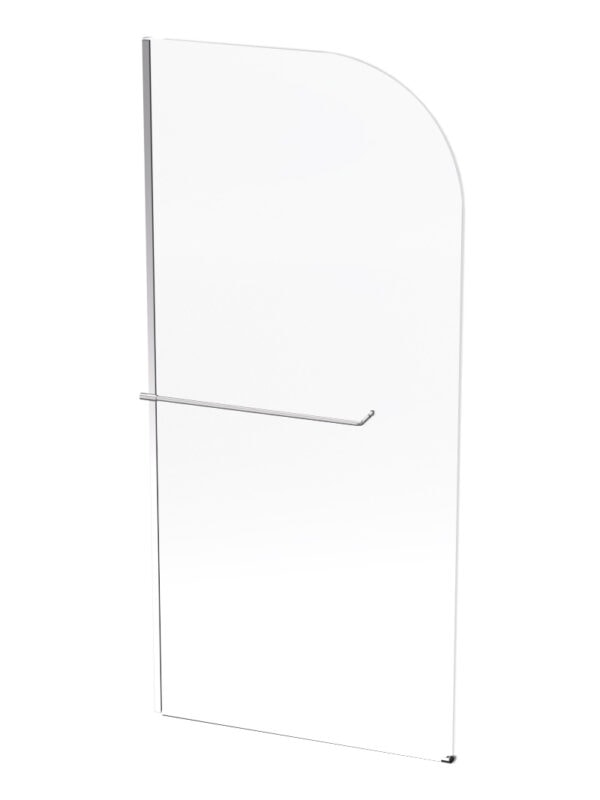 Clear glass shower door with stainless steel handle for modern bathrooms.