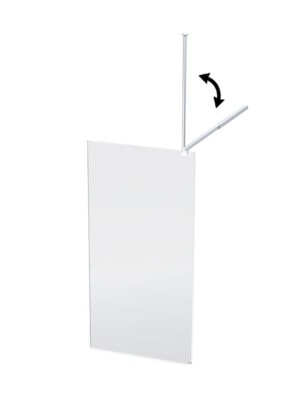 Adjustable bathroom privacy screen with folding support arm for shower stalls and bathrooms.