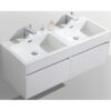 Double white bathroom vanity with two sinks and modern fixtures.
