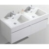 Double modern bathroom vanity with two sinks and storage cabinet, ideal for contemporary home bathrooms. High-quality fixtures and sleek design for functionality and style.