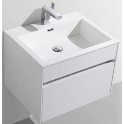 Sleek white bathroom vanity with integrated sink and modern faucet, perfect for contemporary bathroom designs in South Africa.
