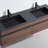 Double black and wooden bathroom vanity with two sinks, modern design, perfect for contemporary bathrooms in South Africa.