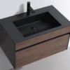 Black bathroom vanity with wooden drawer, modern design, black countertop and integrated black sink with single faucet hole, ideal for contemporary bathrooms.