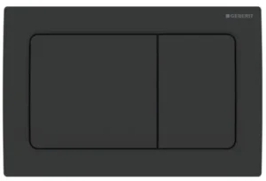 Black Geberit dual flush toilet button for modern bathroom fixtures at Bathroom Shop, enhancing water efficiency and sleek design.