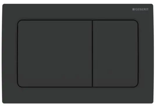 Black Geberit dual flush toilet button for modern bathroom fixtures at Bathroom Shop, enhancing water efficiency and sleek design.