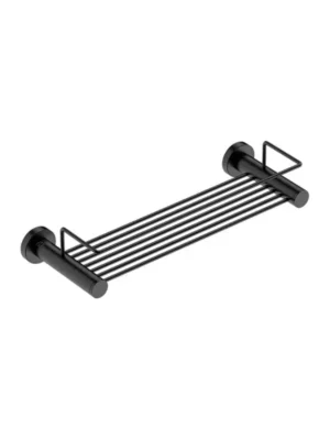 2. Modern black metal bathroom shower shelf for added storage.