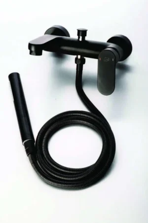 Modern black Genova bath mixer with handheld shower and flexible hose, ideal for contemporary bathroom renovations and stylish water control.