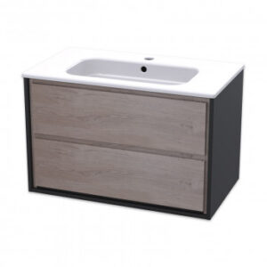 VOGUE WALL HUNG 2 DRAW UNIT 800MM - SUPAMATT BLACK+M/OAK FRONTS (No Basin)