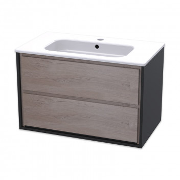 VOGUE WALL HUNG 2 DRAW UNIT 800MM - SUPAMATT BLACK+M/OAK FRONTS (No Basin)