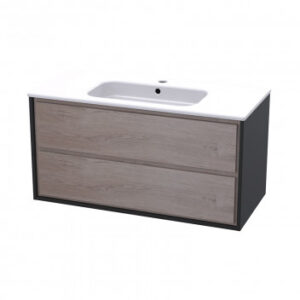VOGUE WALL HUNG 2 DRAW UNIT 1000MM - SUPAMATT BLACK+M/OAK FRONTS (No Basin)