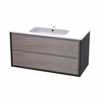 VOGUE WALL HUNG 2 DRAW UNIT 1000MM - SUPAMATT BLACK+M/OAK FRONTS (No Basin)